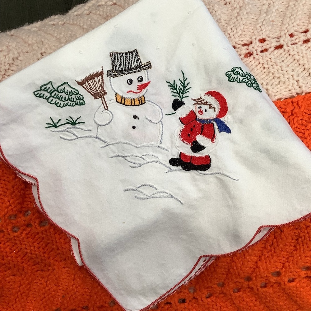 Vintage 80s Christmas Tablecloth Hand-Embroidered 100% Cotton Child Snowman